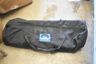 Chimera soft case with contents, black fabric, zipper closure, blue logo label, gently used, carrying handles.