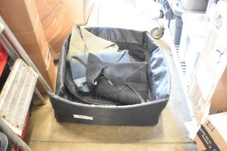 Lot of 5 assorted collapsible bins/bags, various colors, good condition, in a large black storage container, tag visible.