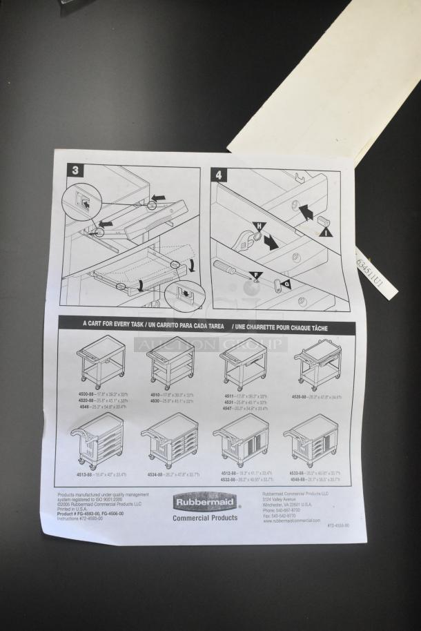 Rubbermaid FG459300 Center Drawer Accessory Kit instructions sheet, new condition, showing assembly steps and model details.