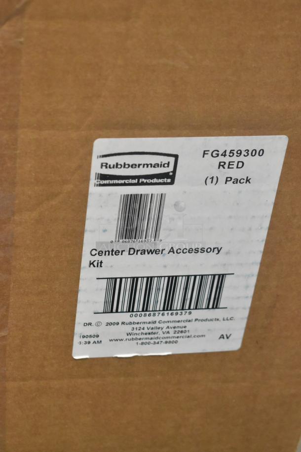 Rubbermaid FG459300 Center Drawer Accessory Kit, new, scratch and dent, labeled "Red," one pack, box visible.