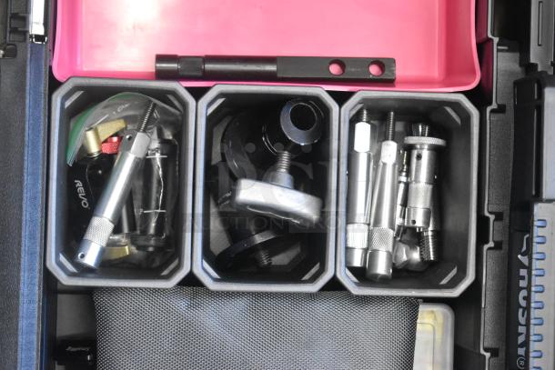 Husky poly bin containing assorted hardware and tools, compartments with various metal components, good condition.