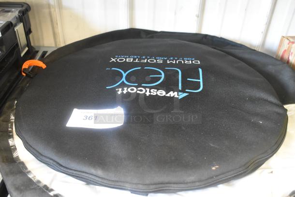 Westcott Fledc Drum Softbox for LED Mats, black case, labeled "Westcott Flex," auction tag "361," in good condition.