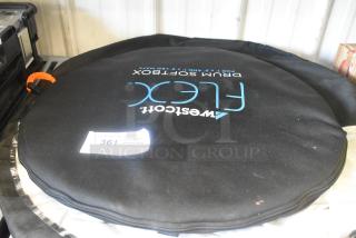 Westcott Fledc Drum Softbox for LED Mats, black case, labeled "Westcott Flex," auction tag "361," in good condition.