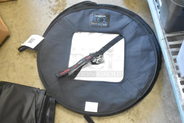 Westcott Flex Drum Softbox for LED Mats, black, round with visible label, includes straps and durable build, in new condition.