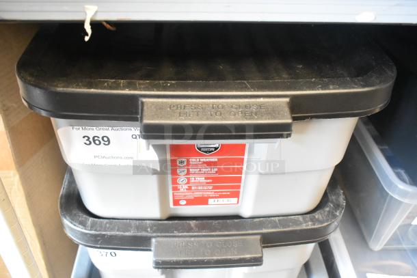 Lot of items including Porta Brace fasteners and poly bins with labels indicating cold weather resistance and snap tight lid.
