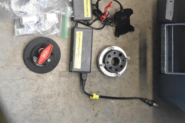 Lot of various hardware items in a poly bin, includes connectors, wires, and labeled components. Used condition.