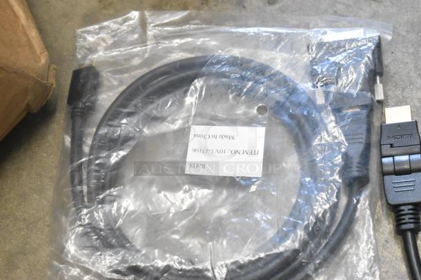 Poly bin with various items, including HDMI cables. Includes label "ITEM NO: 10V3-43106, Made in China, RoHS."