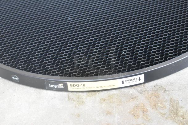 Impact BDG-16 honeycomb grid for 16" beauty dish, black, metal, labeled "Insert This Way." Excellent condition.