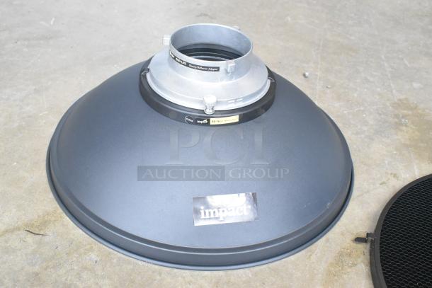 Impact BD-16" Beauty Dish lighting bonnet with reflector adapter, in good condition. Label indicates brand and model.