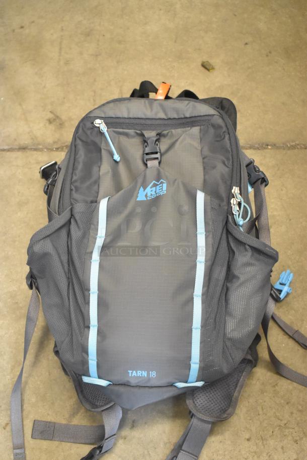 Gray REI Co-op Tarn 18 backpack, blue accents, used condition, showing straps and zipper pulls, ideal for outdoor activities.