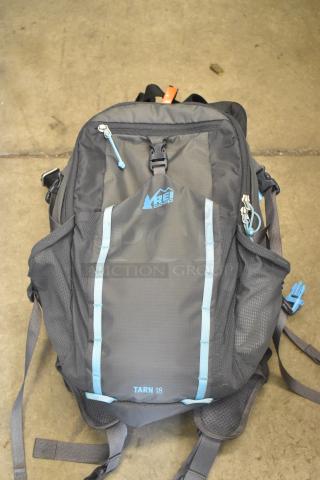 Gray REI Co-op Tarn 18 backpack, blue accents, used condition, showing straps and zipper pulls, ideal for outdoor activities.