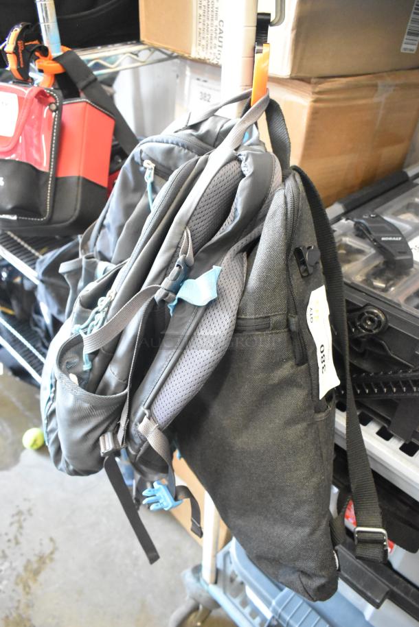 Two soft backpacks with adjustable straps, one gray and one black, hanging in storage. Auction tag reads "380."