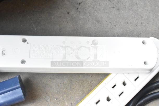 Lot of cords and adapters in a poly bin, includes a white power strip labeled model YLPT-2, 125VAC, indoor use only.