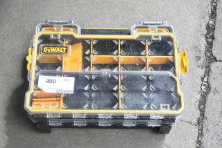 Dewalt toolbox with yellow trim and multiple compartments, labeled "400 QTY x2," in good condition.