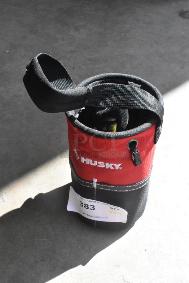 Husky tool bag, red and black, brand logo visible, durable fabric, with strap and tag indicating "QTY x 4".