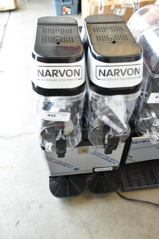 Narvon 378SM2 Double 3 Gallon Slushy Machine, pourover model, dual dispensers, 115V, tags visible, good condition.