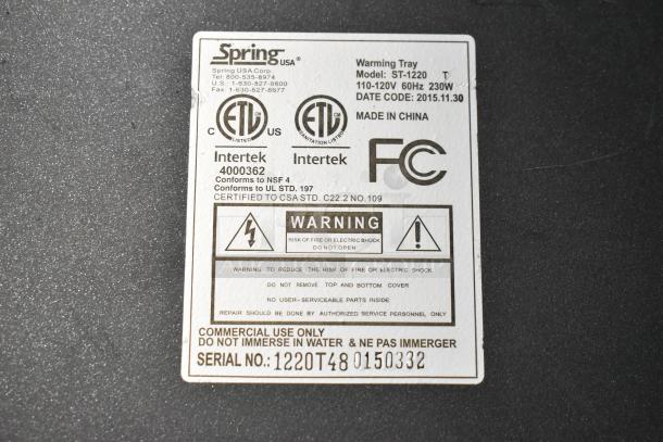 2 Spring ST-1220 Metal Induction Range. 120 Volts, 1 Phase. 2 Times Your Bid! - Image 8 of 8