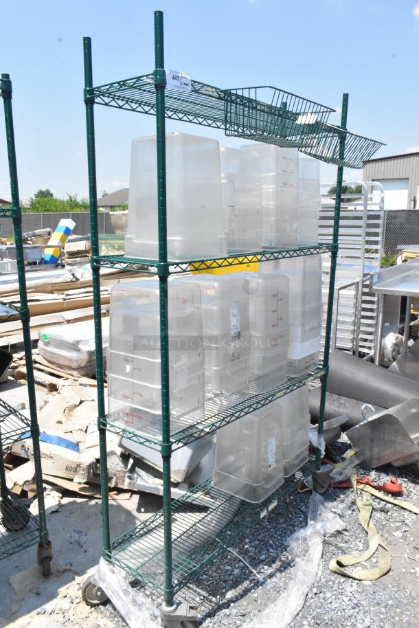 Green Finish 4 Tier Wire Shelving Unit on Commercial Casters w/ Contents Including Clear Poly Bins. BUYER MUST DISMANTLE. PCI CANNOT DISMANTLE FOR SHIPPING. PLEASE CONSIDER FREIGHT CHARGES. - Image 1 of 5