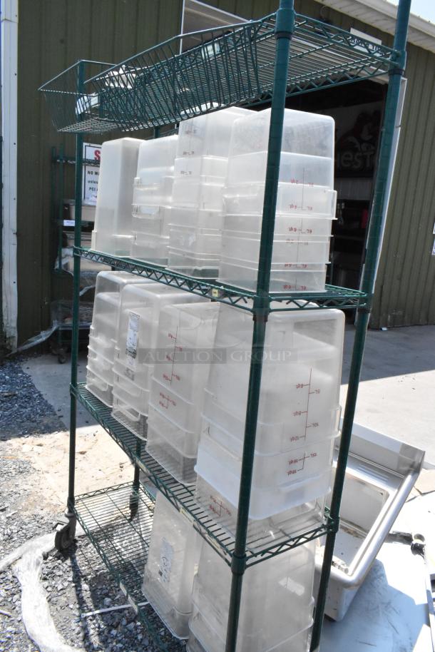 Green Finish 4 Tier Wire Shelving Unit on Commercial Casters w/ Contents Including Clear Poly Bins. BUYER MUST DISMANTLE. PCI CANNOT DISMANTLE FOR SHIPPING. PLEASE CONSIDER FREIGHT CHARGES. - Image 2 of 5