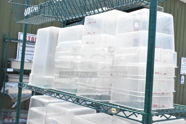 Green Finish 4 Tier Wire Shelving Unit on Commercial Casters w/ Contents Including Clear Poly Bins. BUYER MUST DISMANTLE. PCI CANNOT DISMANTLE FOR SHIPPING. PLEASE CONSIDER FREIGHT CHARGES. - Image 3 of 5