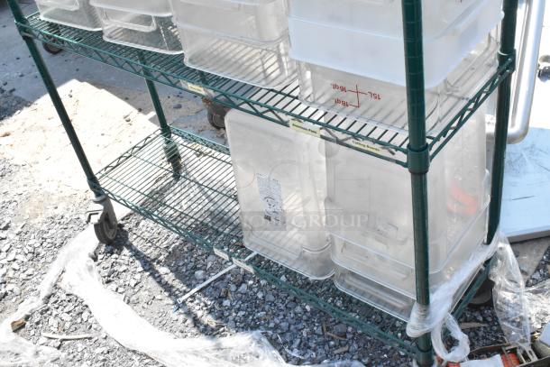 Green Finish 4 Tier Wire Shelving Unit on Commercial Casters w/ Contents Including Clear Poly Bins. BUYER MUST DISMANTLE. PCI CANNOT DISMANTLE FOR SHIPPING. PLEASE CONSIDER FREIGHT CHARGES. - Image 5 of 5