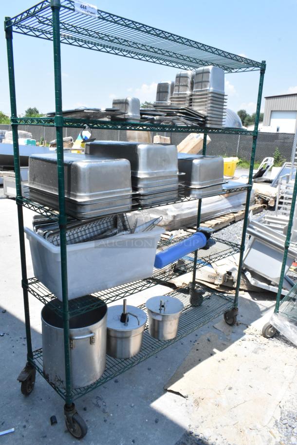Green Finish 4 Tier Wire Shelving Unit on Commercial Casters w/ Contents Including Stainless Steel Drop In Bins, Stock Pot. BUYER MUST DISMANTLE. PCI CANNOT DISMANTLE FOR SHIPPING. PLEASE CONSIDER FREIGHT CHARGES. - Image 1 of 6