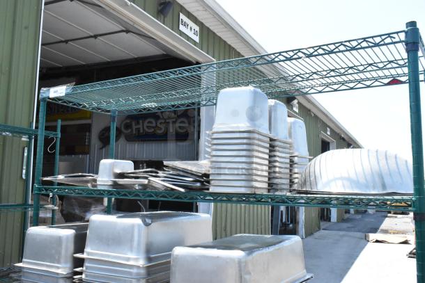Green Finish 4 Tier Wire Shelving Unit on Commercial Casters w/ Contents Including Stainless Steel Drop In Bins, Stock Pot. BUYER MUST DISMANTLE. PCI CANNOT DISMANTLE FOR SHIPPING. PLEASE CONSIDER FREIGHT CHARGES. - Image 3 of 6