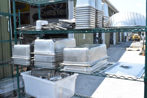 Green Finish 4 Tier Wire Shelving Unit on Commercial Casters w/ Contents Including Stainless Steel Drop In Bins, Stock Pot. BUYER MUST DISMANTLE. PCI CANNOT DISMANTLE FOR SHIPPING. PLEASE CONSIDER FREIGHT CHARGES. - Image 4 of 6