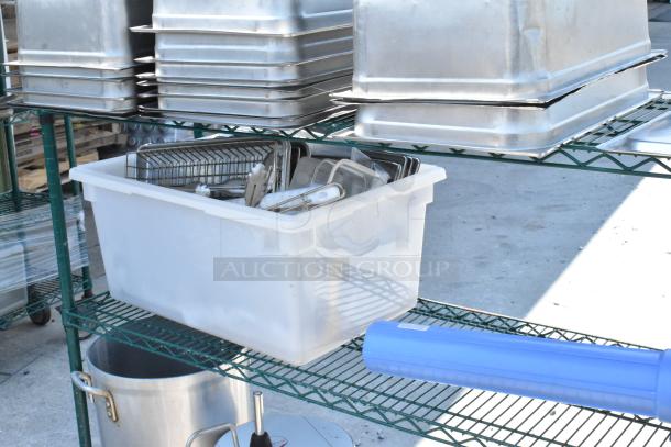 Green Finish 4 Tier Wire Shelving Unit on Commercial Casters w/ Contents Including Stainless Steel Drop In Bins, Stock Pot. BUYER MUST DISMANTLE. PCI CANNOT DISMANTLE FOR SHIPPING. PLEASE CONSIDER FREIGHT CHARGES. - Image 5 of 6