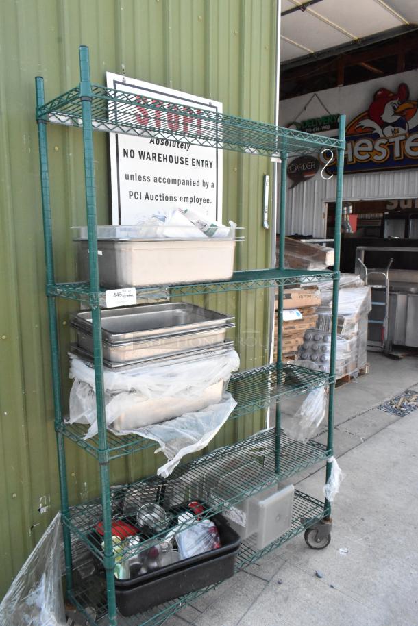 Green Finish 5 Tier Wire Shelving Unit on Commercial Casters w/ Contents Including Stainless Steel Drop In Bins. BUYER MUST DISMANTLE. PCI CANNOT DISMANTLE FOR SHIPPING. PLEASE CONSIDER FREIGHT CHARGES. - Image 2 of 5
