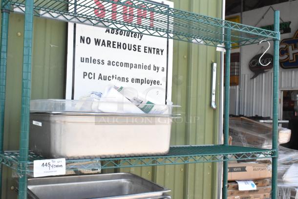 Green Finish 5 Tier Wire Shelving Unit on Commercial Casters w/ Contents Including Stainless Steel Drop In Bins. BUYER MUST DISMANTLE. PCI CANNOT DISMANTLE FOR SHIPPING. PLEASE CONSIDER FREIGHT CHARGES. - Image 3 of 5