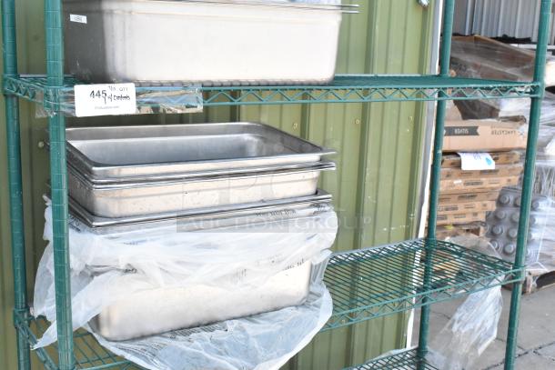 Green Finish 5 Tier Wire Shelving Unit on Commercial Casters w/ Contents Including Stainless Steel Drop In Bins. BUYER MUST DISMANTLE. PCI CANNOT DISMANTLE FOR SHIPPING. PLEASE CONSIDER FREIGHT CHARGES. - Image 4 of 5