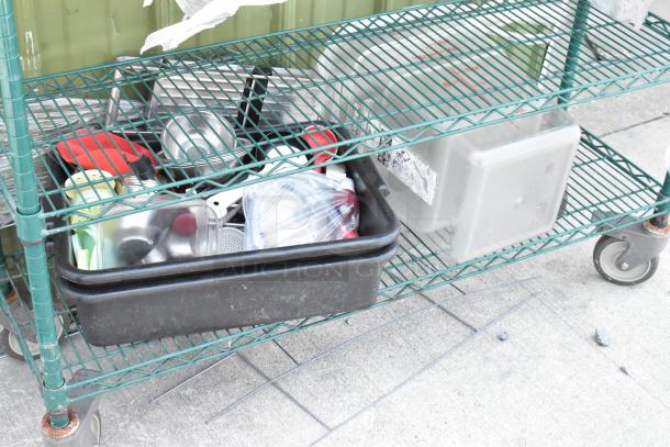 Green Finish 5 Tier Wire Shelving Unit on Commercial Casters w/ Contents Including Stainless Steel Drop In Bins. BUYER MUST DISMANTLE. PCI CANNOT DISMANTLE FOR SHIPPING. PLEASE CONSIDER FREIGHT CHARGES. - Image 5 of 5