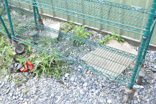 Green 5-tier wire shelving unit with commercial casters. Used condition, buyer must dismantle. Ideal for storage.