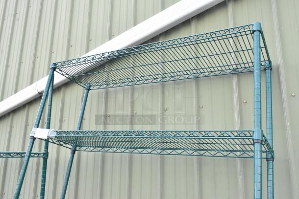 Green finish 5-tier wire shelving unit on commercial casters, sturdy metal construction, buyer must dismantle.