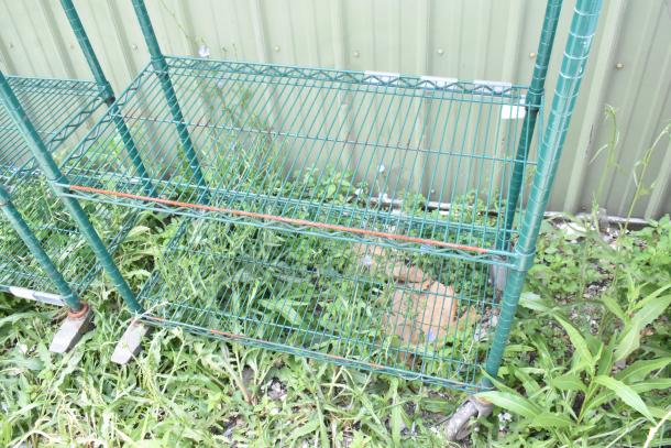 Green 4-tier wire shelving unit on commercial casters. Outdoors, buyer must dismantle. Consider freight charges.