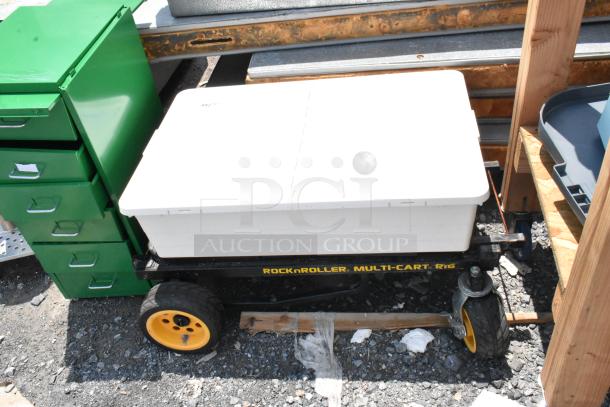 Rock N Roller Multi Cart with yellow casters, black frame, and white storage container on top. Ideal for heavy transport.
