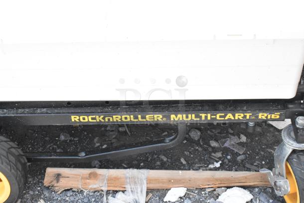 Rock N Roller Multi Cart R16 on casters, featuring durable construction, black frame, yellow branding, and swivel wheels.