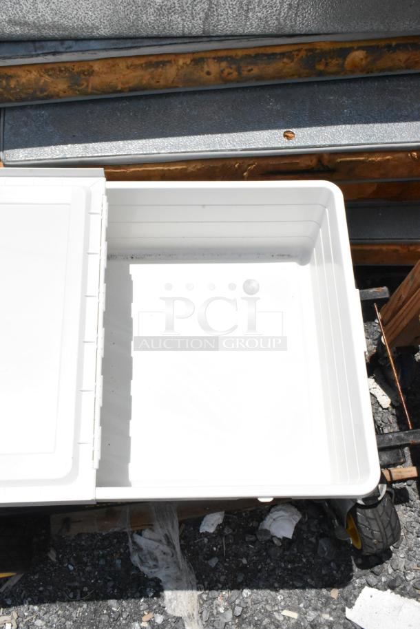 Rock N Roller Multi Cart on casters, white body, sturdy design, showing interior storage area, used condition.