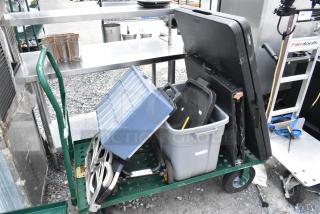 Green Metal Flat Cart w/ Contents Including Folding Table, Poly Bin. - Item #1194435