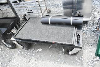 Cart on casters with metal frame, padded surface, and rolled mat. Visible wear on wheels, ideal for heavy-duty tasks.