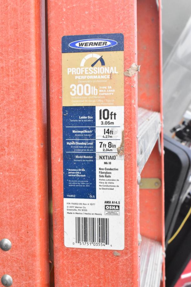 Werner 10' A Frame Ladder, Model NXT1A10, 300 lb capacity, non-conductive fiberglass, OSHA certified, professional use.