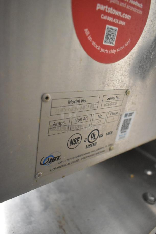 Stainless steel Fresh N Squeeze PWD-GEN-MFJ-HE commercial citrus juicer, tested, 120 volts, 1 phase. Label shows model, serial number, NSF and UL listed.