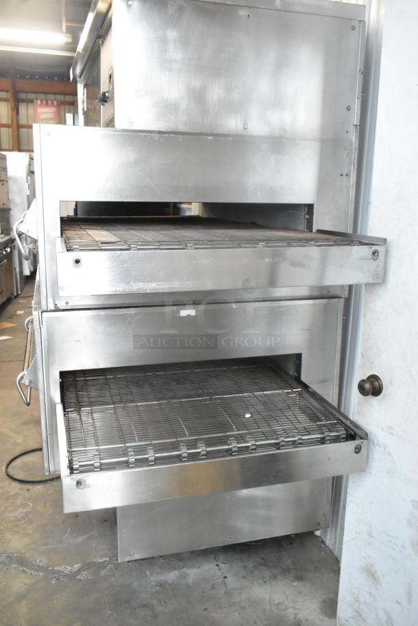 2 Middleby Marshall PS360 stainless steel conveyor pizza ovens on casters, natural gas, 135,000 BTU, commercial use.