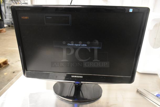 Samsung LS22PINSF/ZA TV, original box, tested, working, shows "Check signal cable" message, HDMI1 input visible.