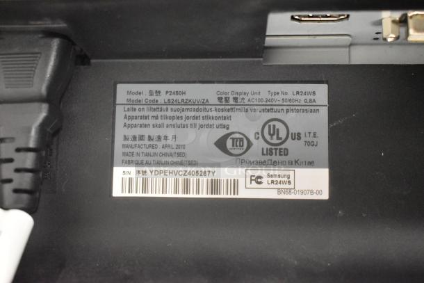 Samsung P2450H Monitor label, showing model LS24LRZKUV/ZA, manufactured April 2010, UL and TCO certified.