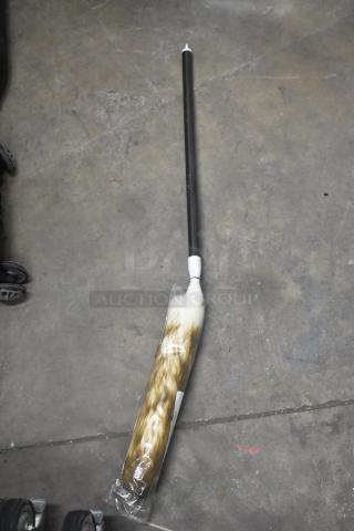 Brand new telescopic wool duster with black handle, beige wool head in plastic wrap, ideal for dusting high places.