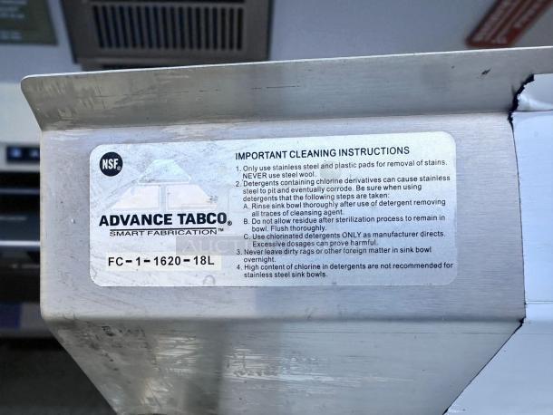 New Condition – Advance Tabco FC-1-1620-18L – One Compartment Stainless Steel Sink – Never Use! - Image 6 of 6