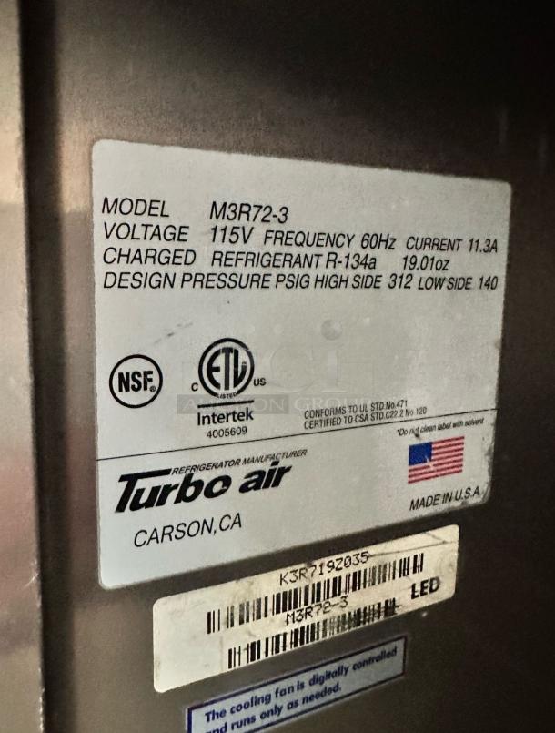 Excellent Condition – Turbo Air M3R72-3 – 3-Door Commercial Reach-In Refrigerator – 115V – Fully Tested & Working! - Image 9 of 9