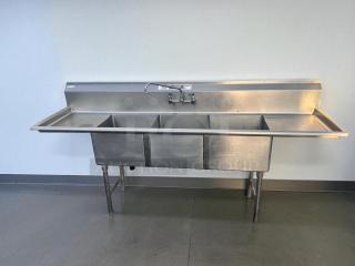 Excellent Condition – 3-Compartment Stainless Steel Sink w/ Dual Drainboards & Faucet – Fully Tested & Working!